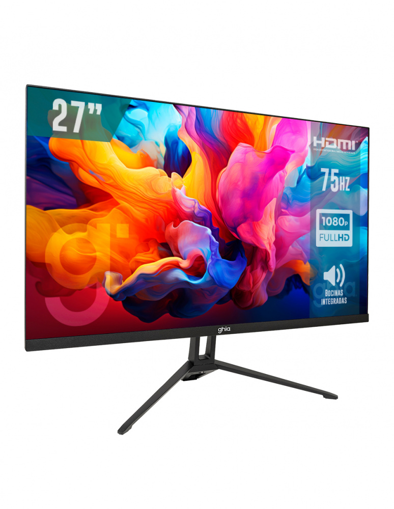 Monitor Ghia, 27 pulgadas, LED, IPS, Full HD 1920 x 1080, Frameless, 75 Hz, FreeSync, VGA, HDMI, Bocinas Integradas
