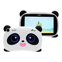 Tablet Ghia Kids Panda,  Procesador QuadCore, 7", 1GB RAM, 8GB Almacenamiento, 2 Cámaras, WiFi, Bluetooth, 2500mAh, Android 8.1 Go Edition, Color Blanco con Negro, Ojos Azules