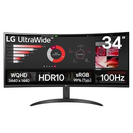 Monitor PC LG curvo ultrawide QHD 34, resol. 3440x1440, 1800R, panel VA, rel. 21:9, brillo 300 cd/m², contr. 3000:1, TR 5ms, 100Hz, HDR10, HDMI, Display Port, montable pared 100x100, negro