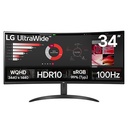 Monitor PC LG curvo ultrawide QHD 34, resol. 3440x1440, 1800R, panel VA, rel. 21:9, brillo 300 cd/m², contr. 3000:1, TR 5ms, 100Hz, HDR10, HDMI, Display Port, montable pared 100x100, negro