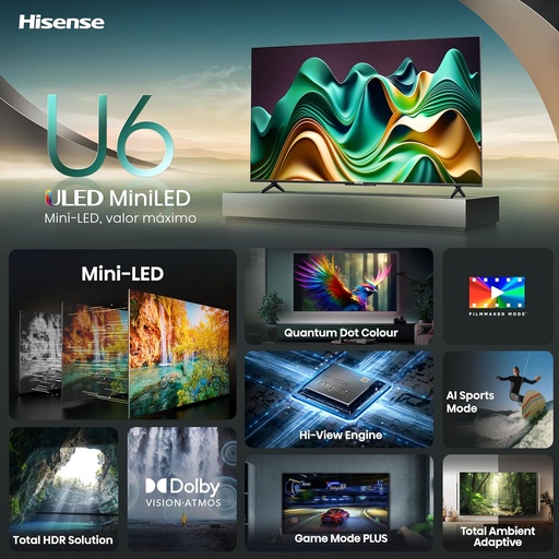 [65U6N] Televisión MiniLED Hisense 65 65U6N Google TV 4K ULED, Dolby Vision HDR+HDR10, Dolby Atmos, Google Assistant / compatible con Alexa.
